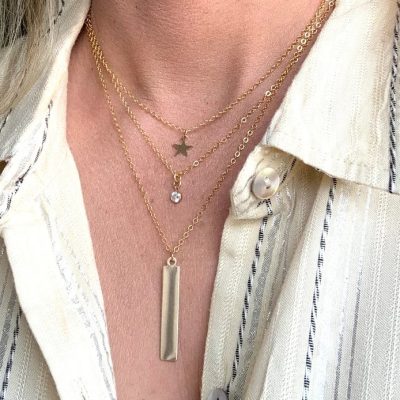 3 Strand Layering Necklace, Gold-Filled on cable chains 13.5"-17.5", Star, CZ, Stick