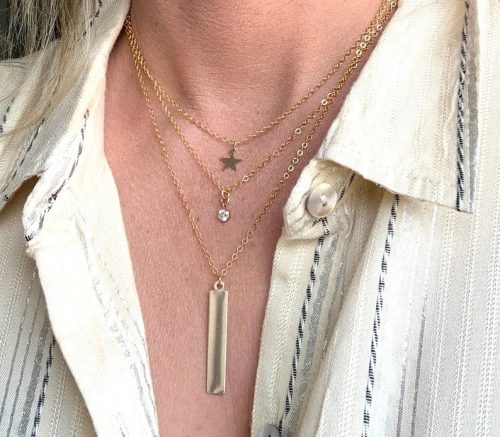 3 Strand Layering Necklace, Gold-Filled on cable chains 13.5"-17.5", Star, CZ, Stick