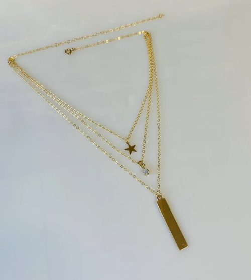 3 Strand Layering Necklace, Gold-Filled on cable chains 13.5"-17.5", Star, CZ, Stick - Image 2