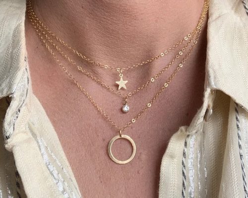 3 Strand Layering Necklace, Gold-Filled on cable chains 14.5"-17.5", Star, CZ, Circle