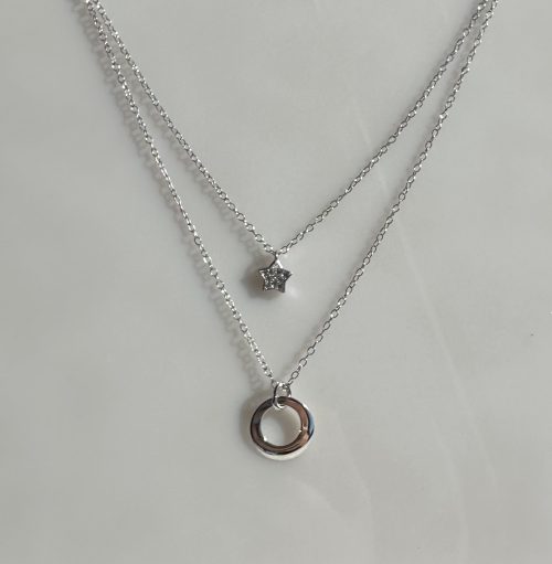 2 Strand Layering Necklace, with Sterling Silver CZ Star and Circle on Cable Chains 14-16" - Image 2