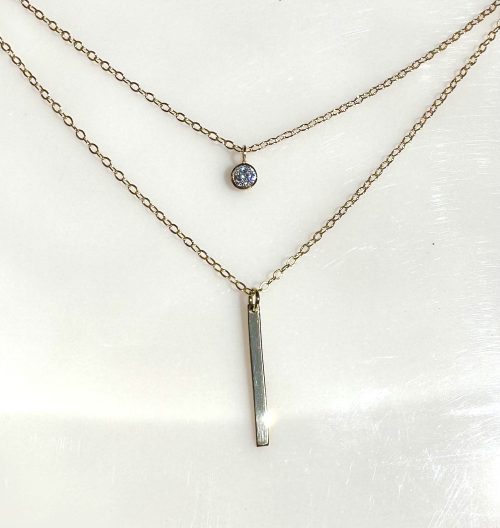 2 Strand Layering Necklace, with 14k gold Stick and CZ Bezel on Gold-Filled Cable Chains 15-18" - Image 2