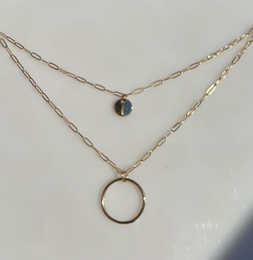 2 Strand Layering Necklace, with Disk and Circle on Gold-Filled Paperclip Chains 12-16" - Image 3