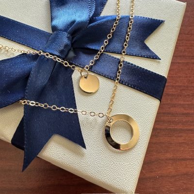 2 Strand Layering Necklace, with 14k gold Disks on Gold-Filled Cable Chains 15"