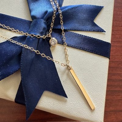 2 Strand Layering Necklace, with 14k gold Stick and CZ Bezel on Gold-Filled Cable Chains 15-18"