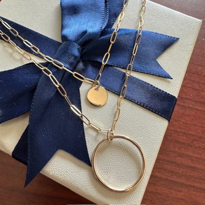 2 Strand Layering Necklace, with Disk and Circle on Gold-Filled Paperclip Chains 12-16"