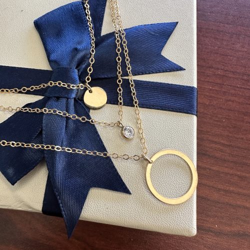 3 Strand Layering Necklace, Gold-Filled on cable chains 12.5"-16", 14k Disk, G-F CZ Bezel , G-F Circle - Image 2