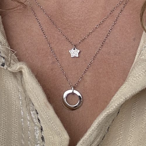 2 Strand Layering Necklace, with Sterling Silver CZ Star and Circle on Cable Chains 14-16" - Image 3
