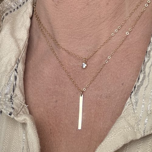 2 Strand Layering Necklace, with 14k gold Stick and CZ Bezel on Gold-Filled Cable Chains 15-18" - Image 3