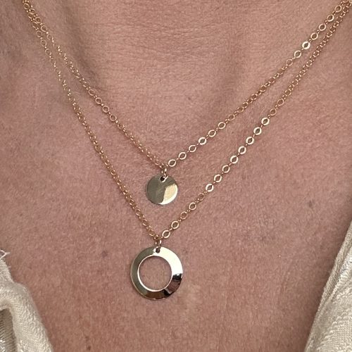 2 Strand Layering Necklace, with 14k gold Disks on Gold-Filled Cable Chains 15" - Image 2