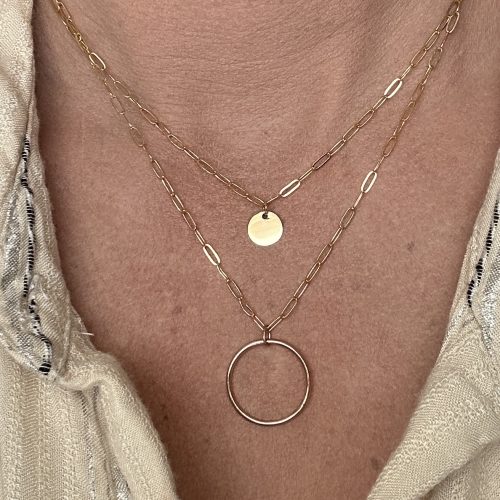 2 Strand Layering Necklace, with Disk and Circle on Gold-Filled Paperclip Chains 12-16" - Image 2